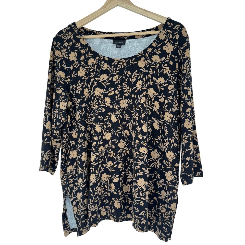 J Jill Wearever Floral Top L Petite Black Tan 3/4 Sleeve Knit Cottagecore Tunic